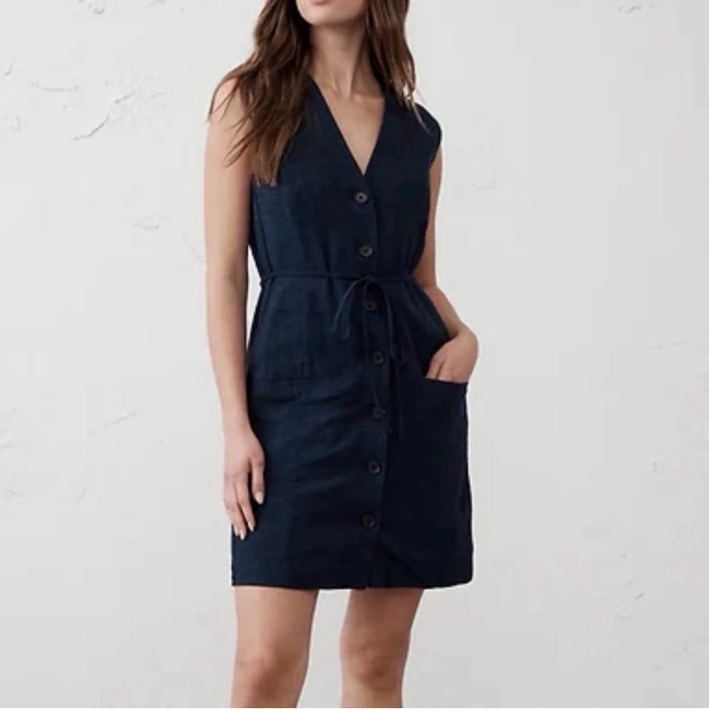 Banana Republic Linen Navy Blue Sleeveless Mini Dress Sz Medium